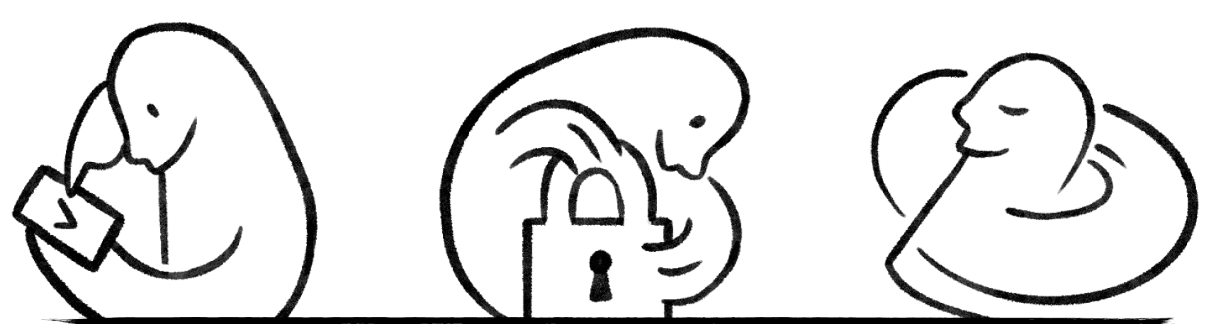 Illustration of three figures booking a service, securing a lock, and relaxing